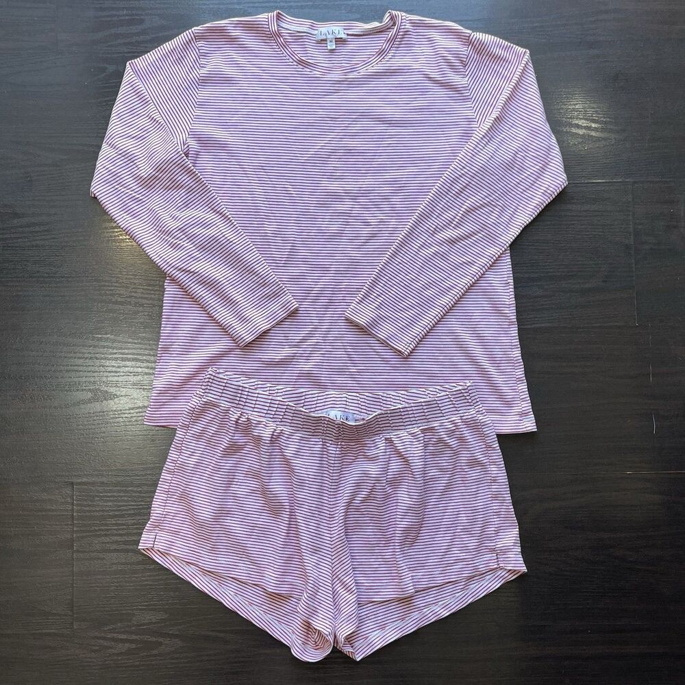 Lake Pajamas 100% Pima Cotton Crew Long Sleeve & Shorts Set White Red Stripes M